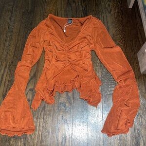 SHEIN Orange Asymmetrical Ruched Bell Sleeve Blouse